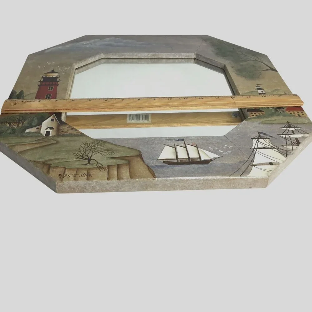 Hand-Painted Lighthouse Nautical Mirror 18x18 Folk Art Coastal Ship Wall Decor